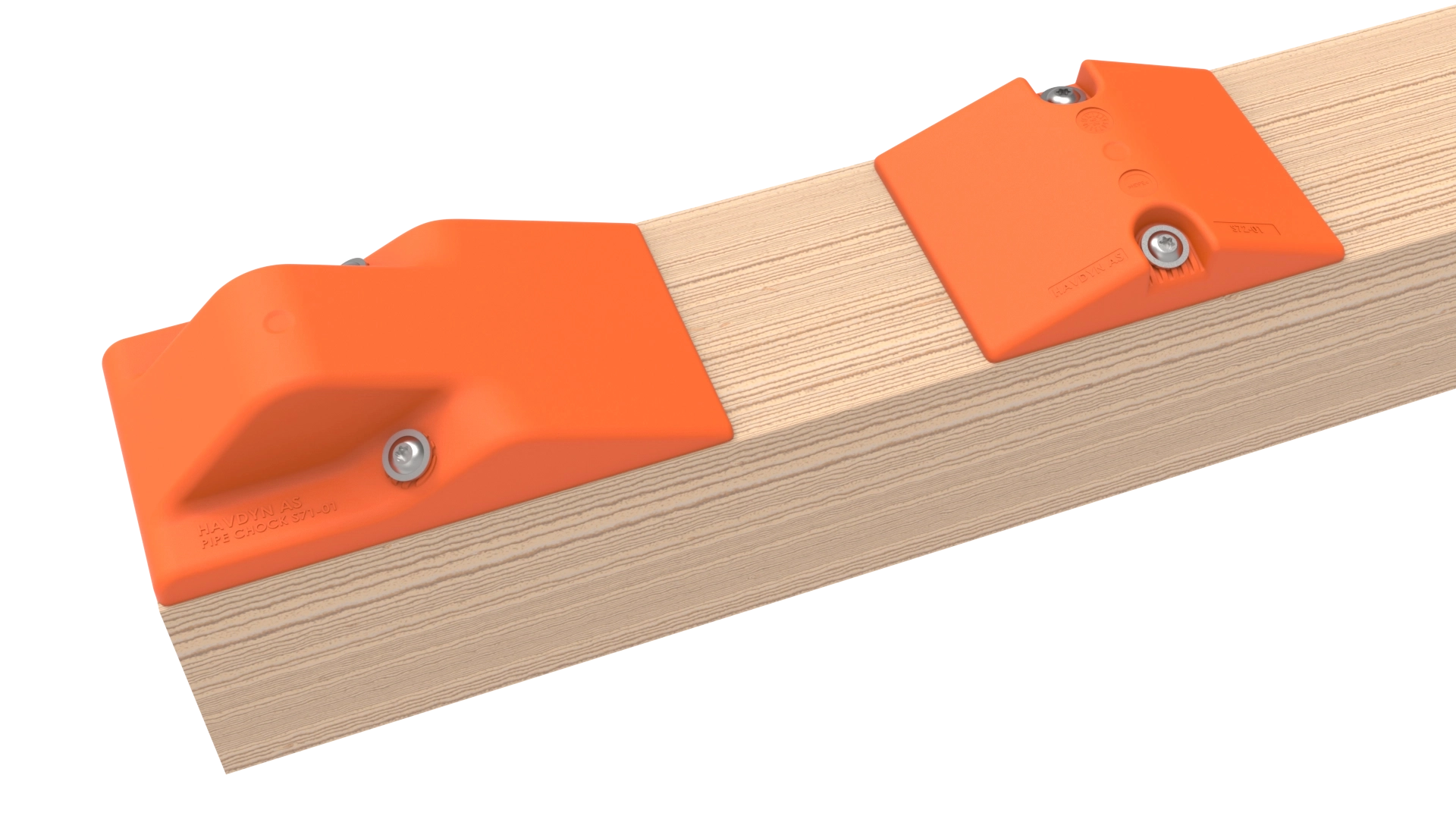 Two Havdyn S71 pipe chocks mounted on a wooden batten.