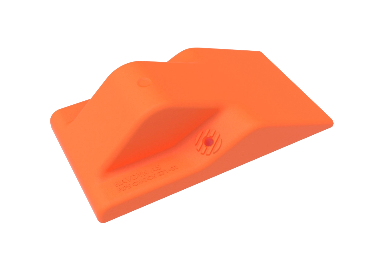 Pipe Chock S71, the taller end-stopper chock, in high-visibility orange.