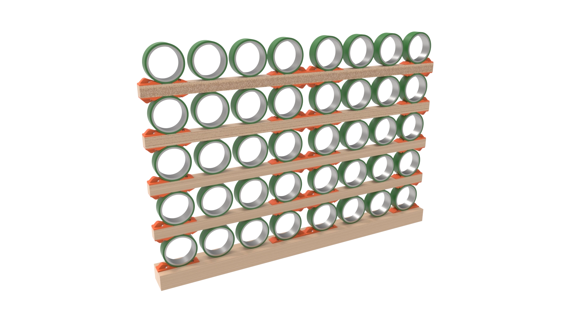 Multiple rows of large-diameter coated pipes stacked on wooden battens, each row separated by Havdyn pipe chocks.