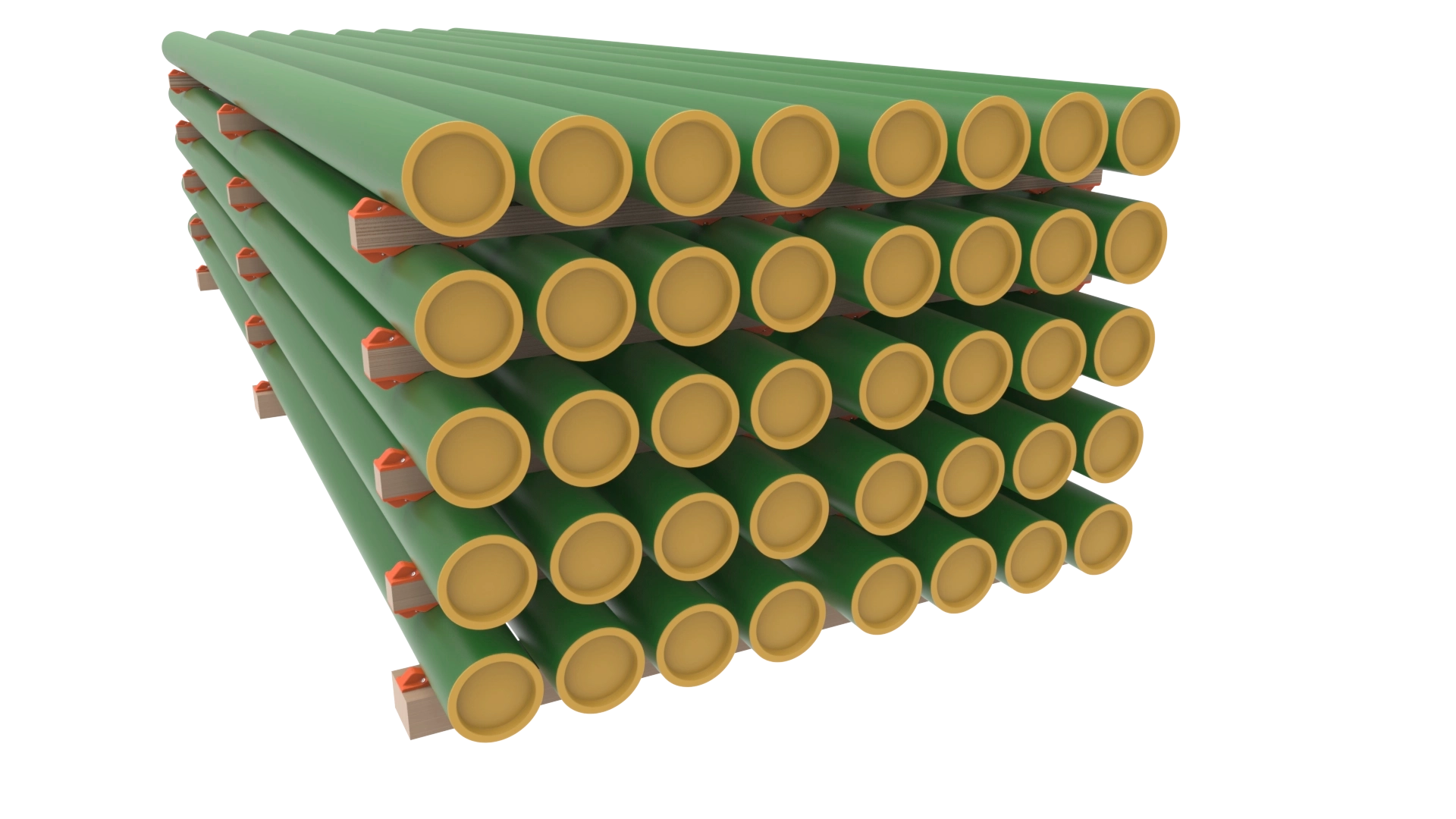 Full stack of large-diameter pipes secured with Havdyn pipe chocks.